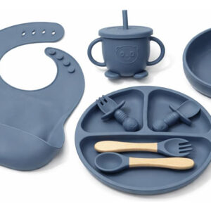 Kit Refeição Bebê Prato Copo Talher Babador Ventosa Silicone Azul-escuro