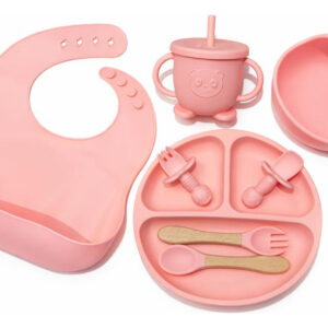 Kit Refeição Bebê Prato Copo Talher Babador Ventosa Silicone Rosa