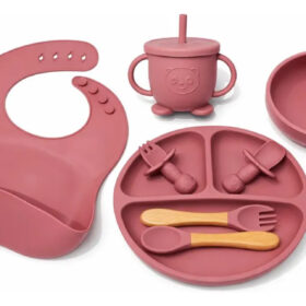 Kit Refeição Bebê Prato Copo Talher Babador Ventosa Silicone Bordô