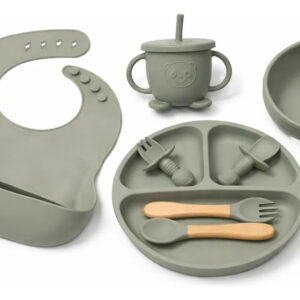 Kit Refeição Bebê Prato Copo Talher Babador Ventosa Silicone Verde-musgo