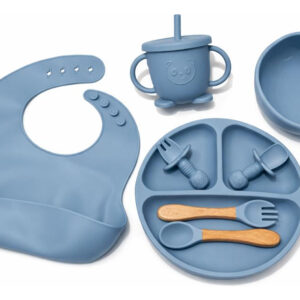 Kit Refeição Bebê Prato Copo Talher Babador Ventosa Silicone Azul-claro