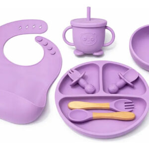 Kit Refeição Bebê Prato Copo Talher Babador Ventosa Silicone Lilás